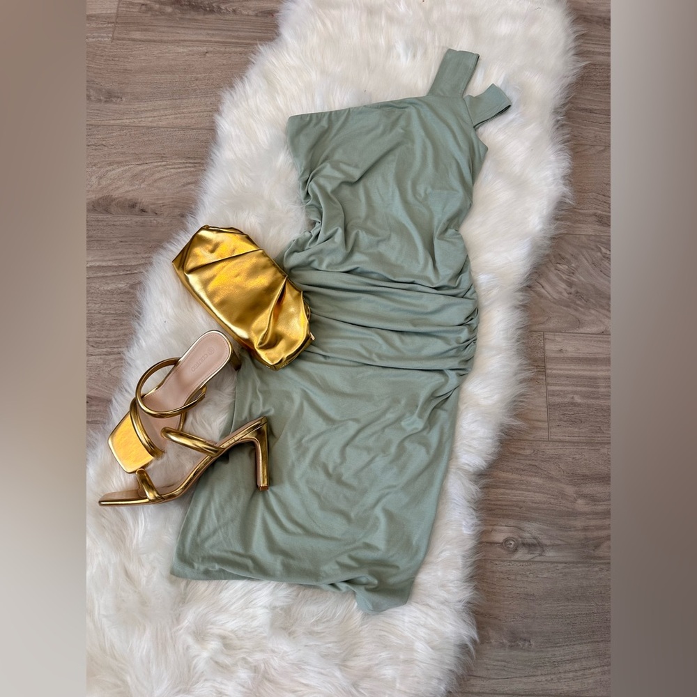 Isabella Oliver One Shoulder Green Dress with Gold Accents